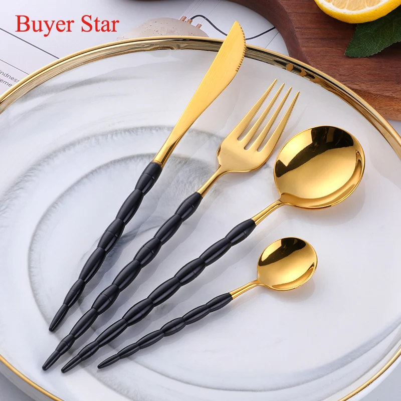 

Hot Sale 16PCS/Set Bamboo Portugal Gold Spoon Dinnerware 18/10 Stainless Steel Western Cutlery Pink Kitchen Food Tableware Set