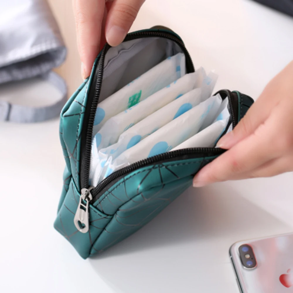 Portable Pad Storage Bag Multifunctional PU Leather Women Menstrual Rhombus Sanitary Napkin Organizer Pouch Cosmetic Bag