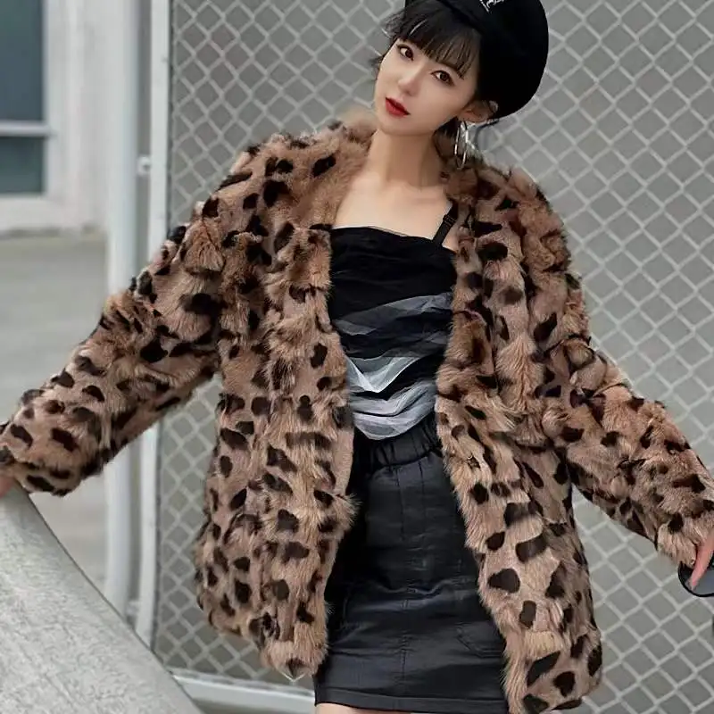 Lady Genuine Fashion Leopard Print Fox Fur Coats Women Warm 100% Natural Real Fox Fur V-Neck Fashion Jackets 2022 Winter