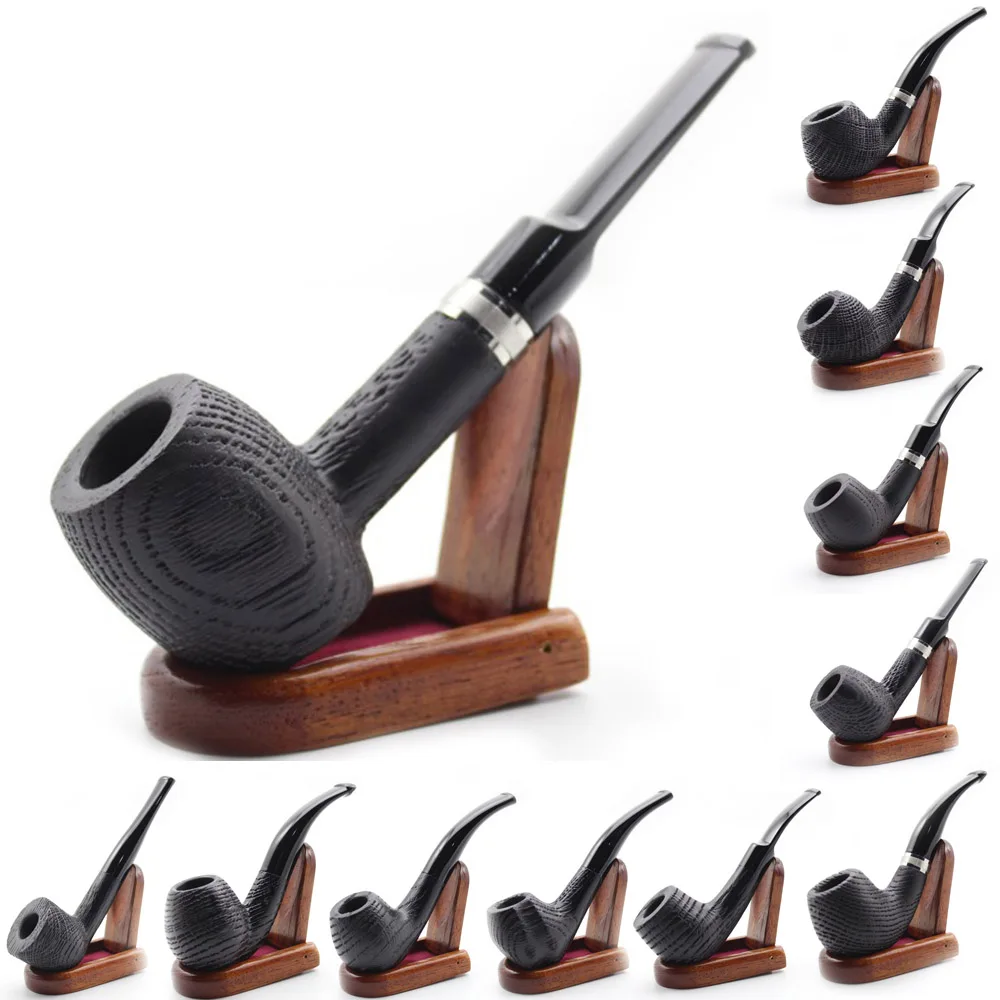 Vintage Natural Bog Oak Wood Tobacco Smoking Pipe Handmade Sandblast Wooden Bowl Silver Plated Ring Pipes Set With 9mm Filters