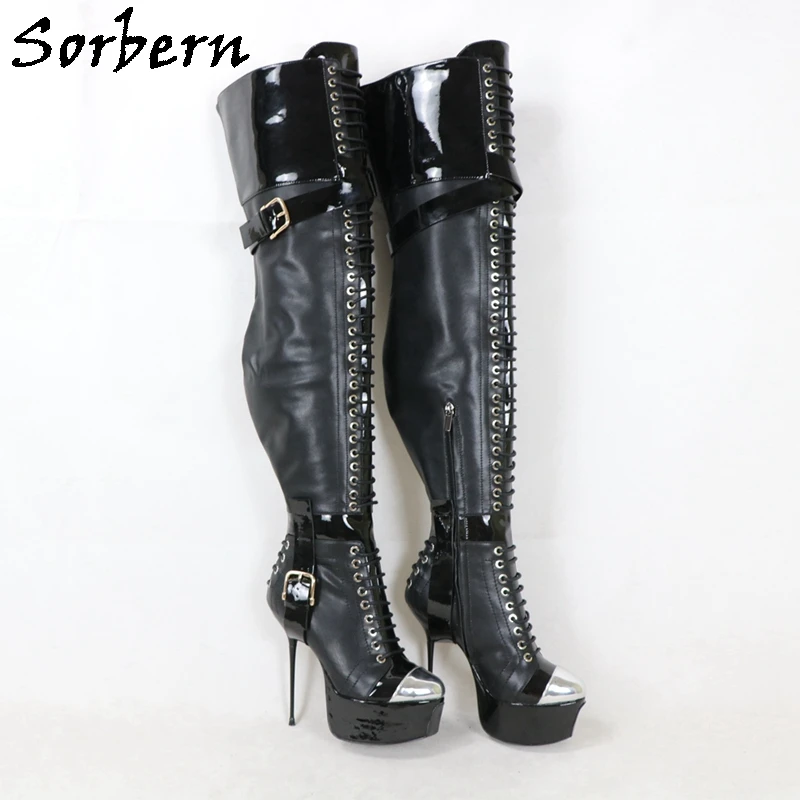 Sorbern Super Thin Metal High Heel Lady Boots Platform Shoes Black Mid Thigh High Women Boot Long Custom Wide or Slim Leg Fit