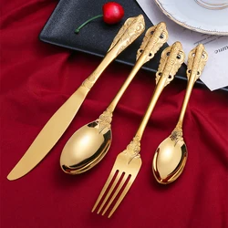 Retro Western Cutlery Dining Knives Fork Spoon Stainless Steel Dinnerware Engrave Relief Soup Dessert Luxury Tableware