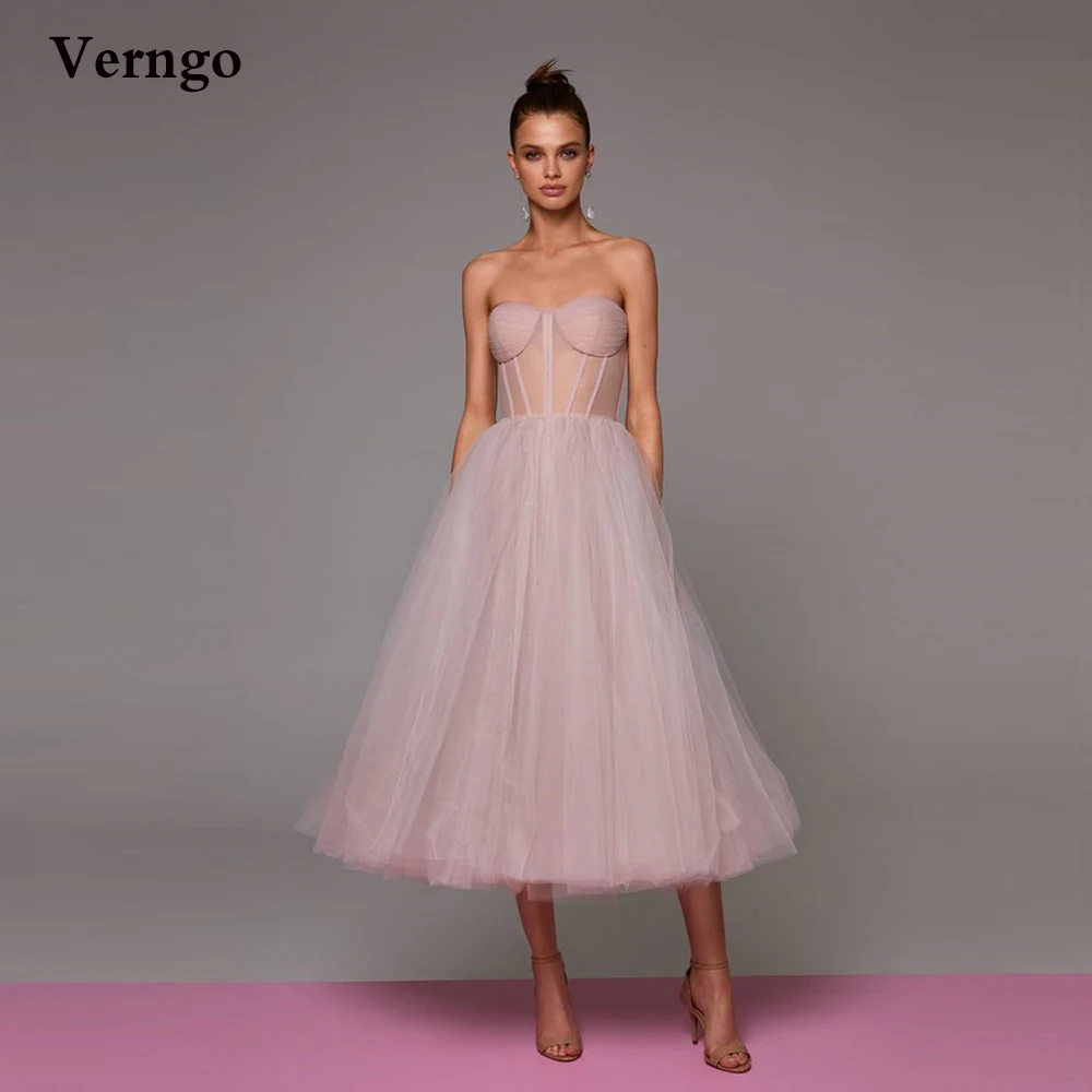 Verngo Pink Lavender Blue Tulle Short Prom Dresses 2021 Transparent Corset Bustier Tea Length Midi Evening Formal Party Dress