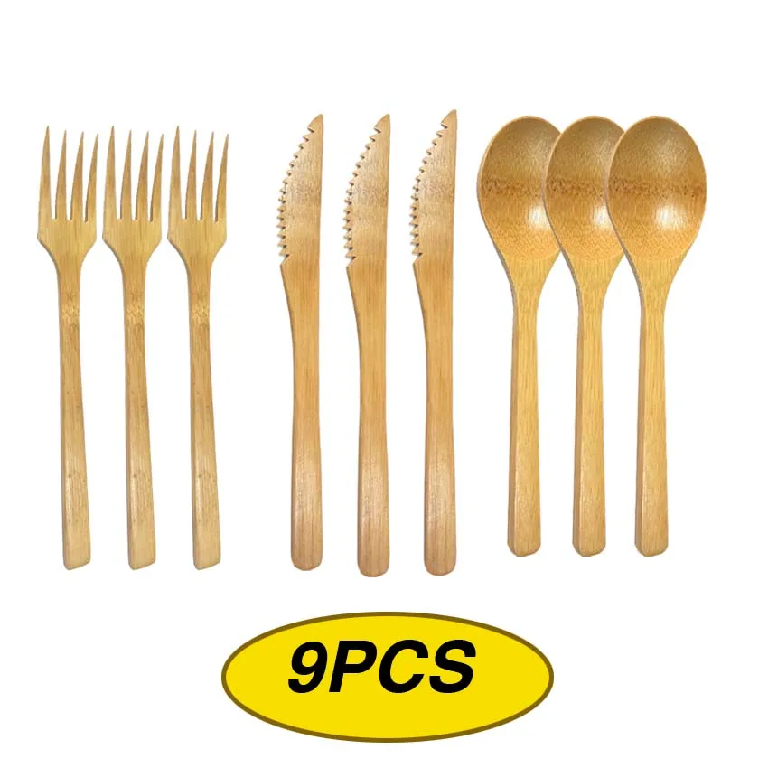 Bamboo tableware 9PCS Set Reusable Tableware Spoon for Knife Natural Wooden Bamboo Cutlery for Salad Tools Vegetarian Utensil