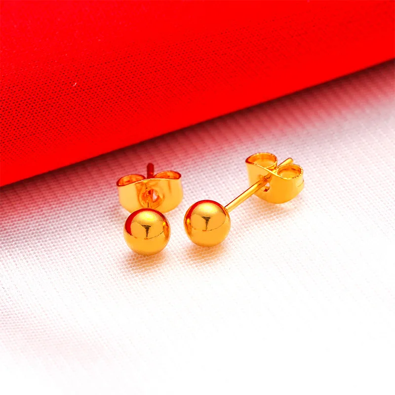 QEENKISS-pendientes de tuerca de oro 24KT para mujer, Bola de 4/5mm, pendientes mate, joyería de fiesta de boda, regalo al por mayor, Envío Gratis