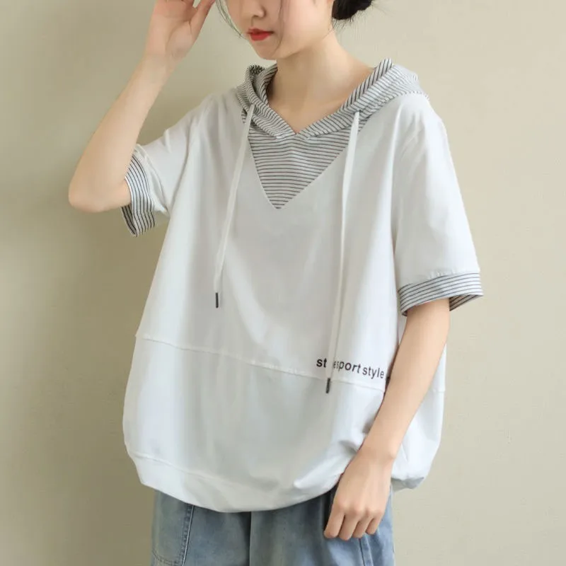 Summer New Korea Fashion Women Short Sleeve Loose T-shirt Patchwork Hooded  Casual Tee Shirt Femme Cotton Tops M459