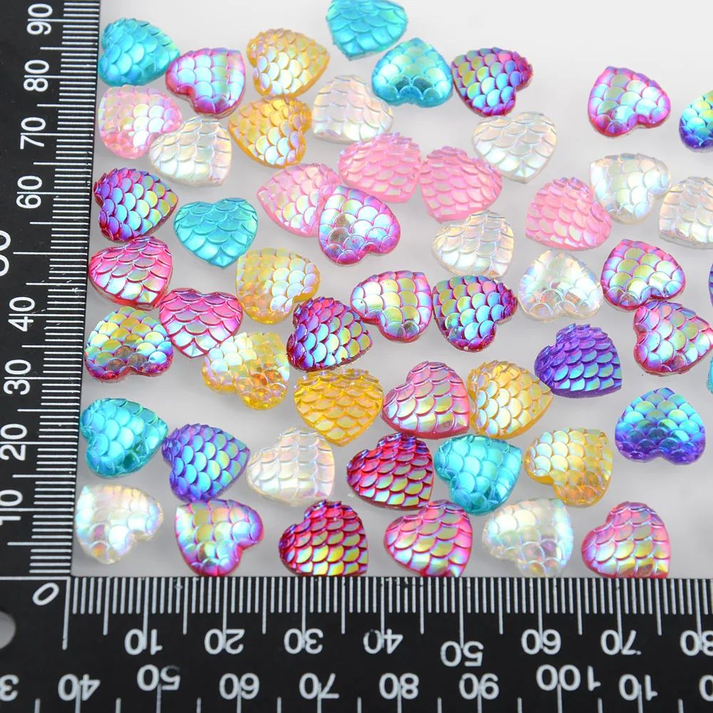 BOLIAO New 60Pcs 12*12mm ( 0.47*0.47in ) Heart Shape Fish scale Resin Rhinestone Flatback Appliques/Craft/Wedding Decoration diy