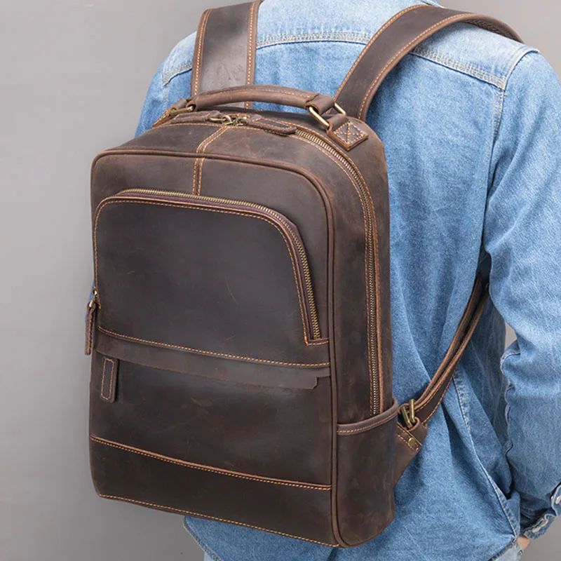 Vintage Crazy Horse Genuine Leather Man\'s Backpack Fit 14\