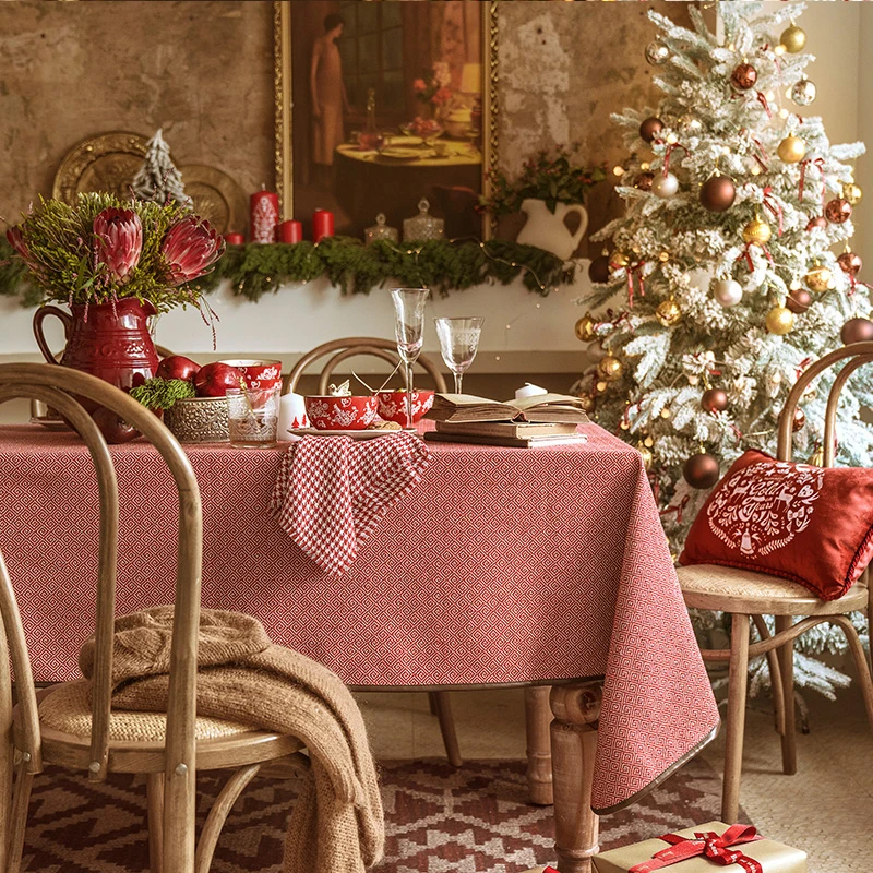 Christmas Tablecloth Red Holiday Wedding Nordic Dining Table Cloth Fabric Linen Jacquard Rectangular Tablecloth Home Decor