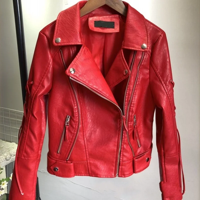 Casual Street Leather Jacket Women Spring Fashion Slim Fit Lapel Office Ladies Short Coat Zipper Biker Pu Leather Jacket S-L