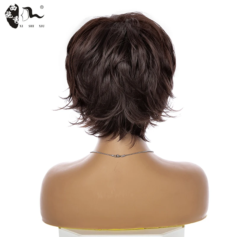 8inch Short Mixed Brown Synthetic Straight Pixie Cut Natural Wave Hair With Bangs For Women High Temperature Fiber Wigs XISHIXIU