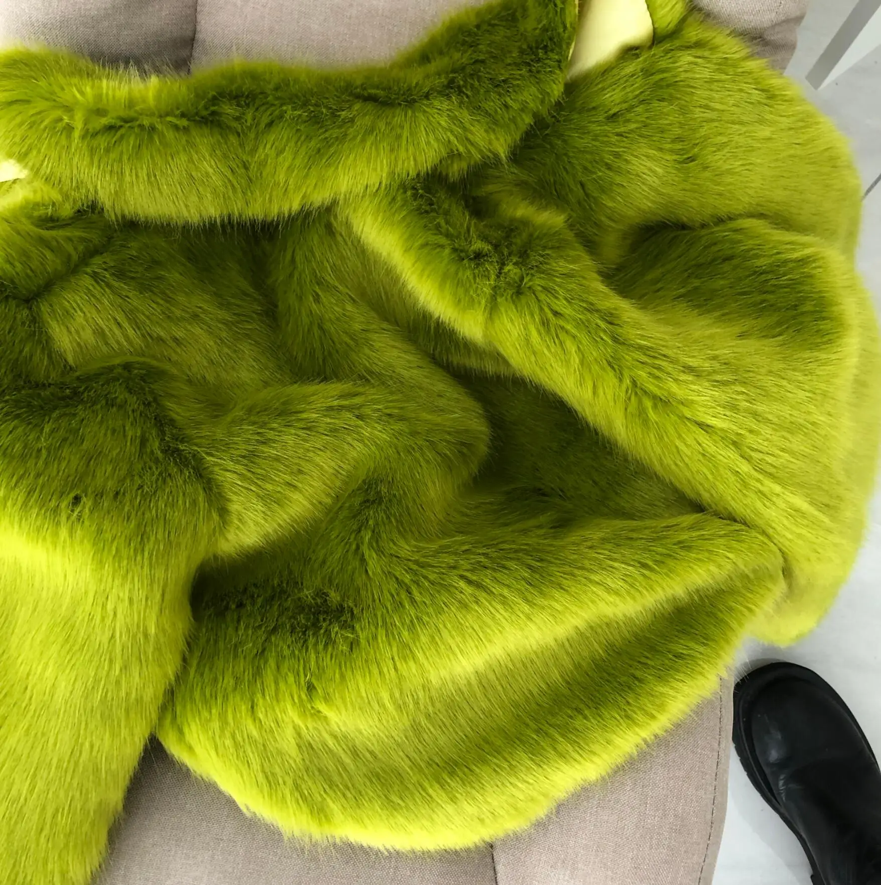 2021 Winter Turn Down Kraag Revers Behaard Shaggy Zachte Faux Bontjas Green Vrouwen Lange Mouwen Furry Bont Warme Jas korte Bovenkleding