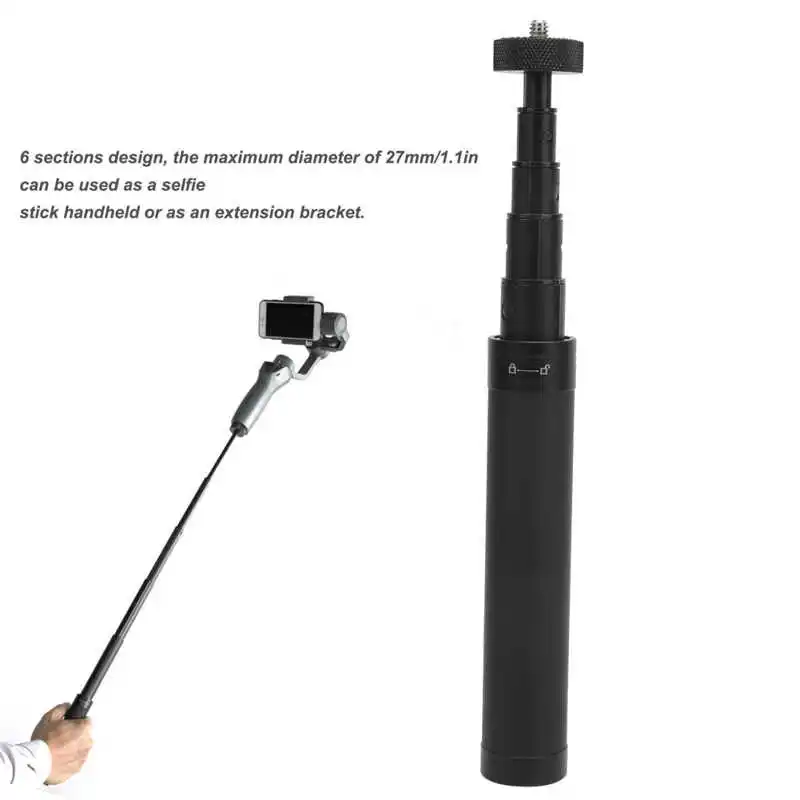 قضيب تمديد ثلاثي المحاور تلسكوبي من 6 أقسام من سبائك الألومنيوم ، قضيب تمديد محمول باليد 1/4 بوصة ، عصا سيلفي قابلة للإطالة