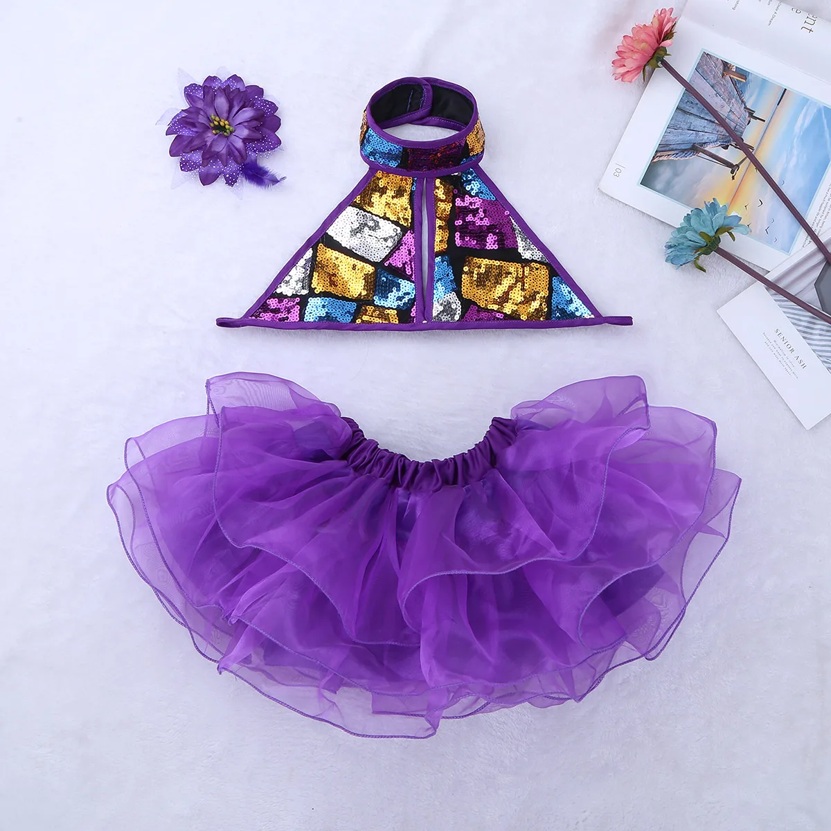 Kid Mädchen Dance Kostüm für Ballett Jazz Dance Bühne Leistung Halfter Glänzenden Pailletten Crop Top mit Tutu Kleid und Haar clip