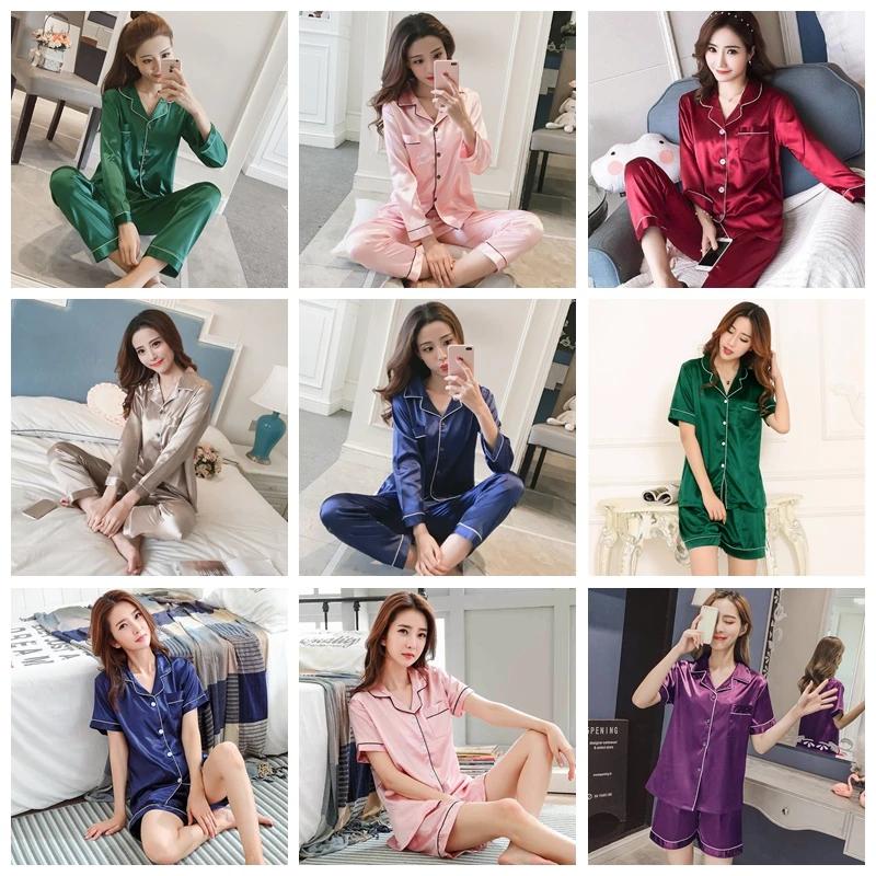 Womens Silk Satin Pajamas Pyjamas Set Long Sleeve Sleepwear Pijama Pajamas Suit Female Sleep Two Piece Set Loungewear Plus Size