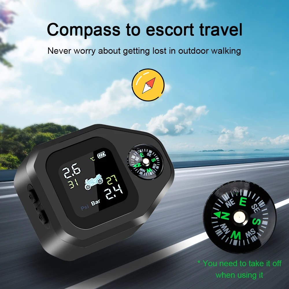 أجهزة استشعار ضغط الإطارات للدراجات النارية ، TPMS مع البوصلة ، نظام مراقبة ضغط الإطارات ، جهاز اختبار رقمي LCD ، اكسسوارات الدراجات النارية ، 0-8Bar ، 116Psi