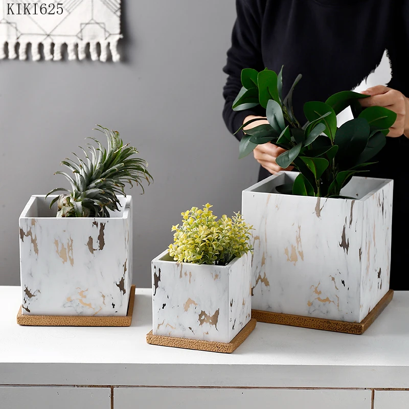 Home Garden Flowerpot Plant Succulent Potted Square Marbled Ceramic Flowerpot with Base Desktop Furnishings Home Accessories New