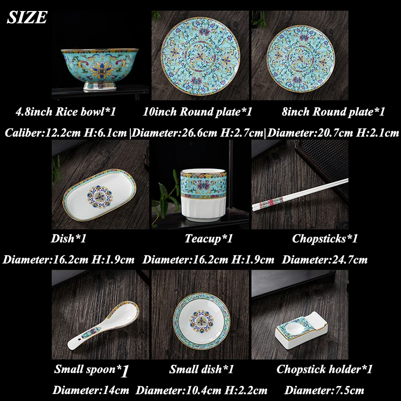 9pcs/lot Jingdezhen Color Enamel Bone china Tableware Set Chinese Ceramic Bowl Dishes Spoon Dinner Plate Chopstick Holder Teacup