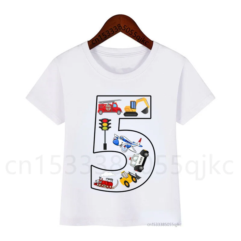 New Excavator Forklift Police Car Airplane Train Birthday Number Printing T-shirt Boy Girl Cute Funny Gift T-shirt Gift Set