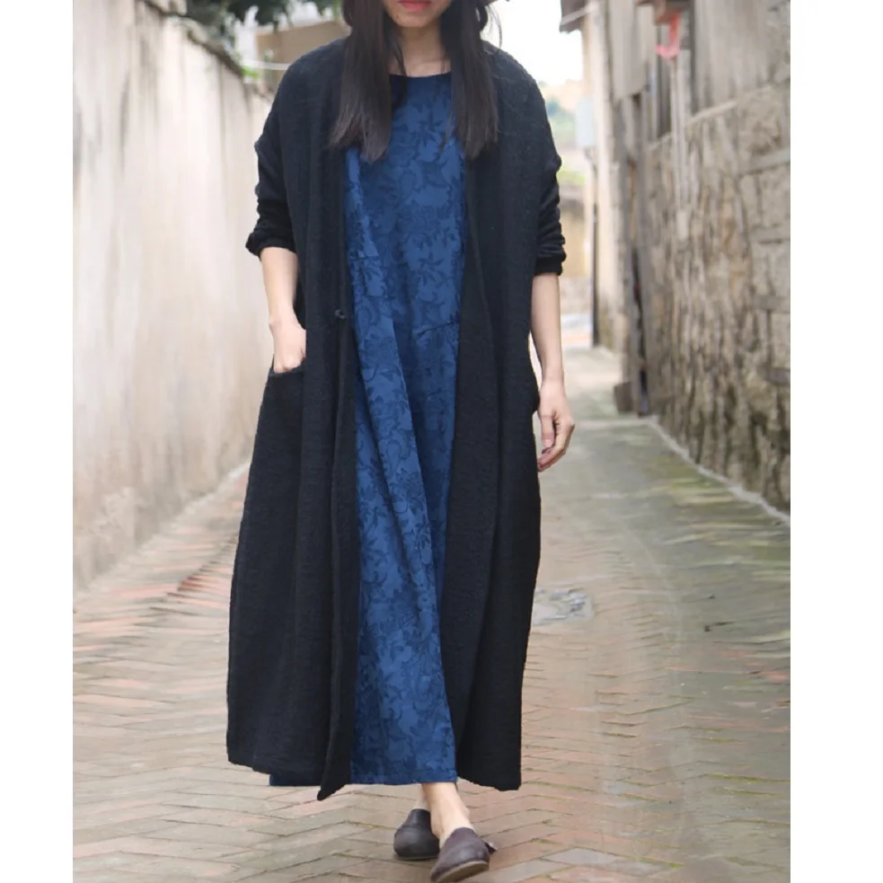 

Cotton Linen Women's Clothing Autumn Winter Loose Chinese Style Literary Coat Casual Dresses Clothes