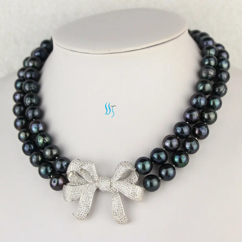 

18-19" 8-9mm Dark Peacock Kasumi AA 2Row Freshwater Pearl Necklace A-46