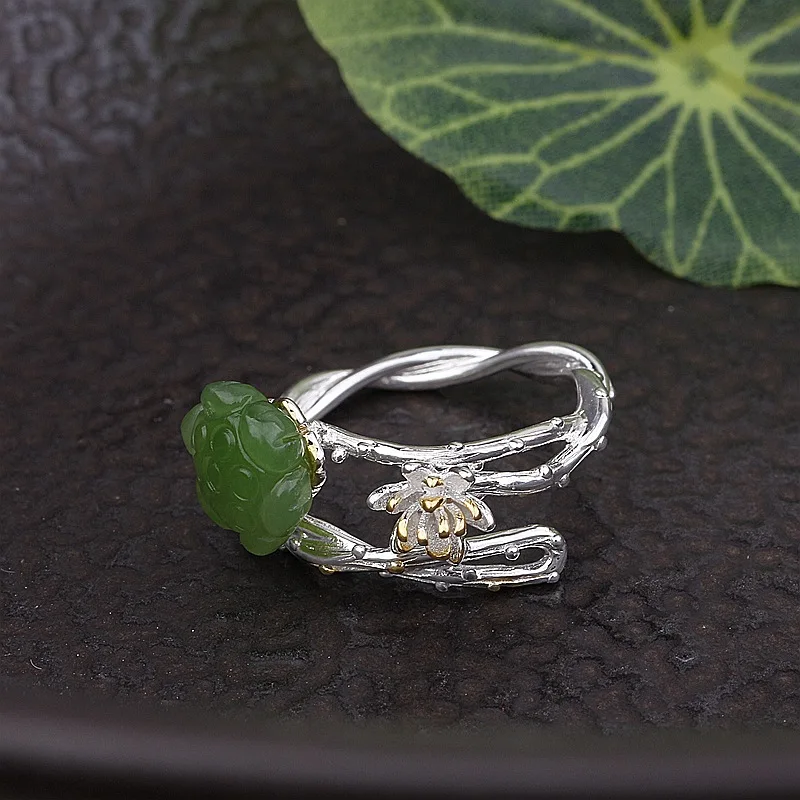 Amxiu Natural Hetian Jade Ring 100% 925 Sterling Silver Ring Handmade Open Ring Lotus Flower Rings For Women Girls Accessories