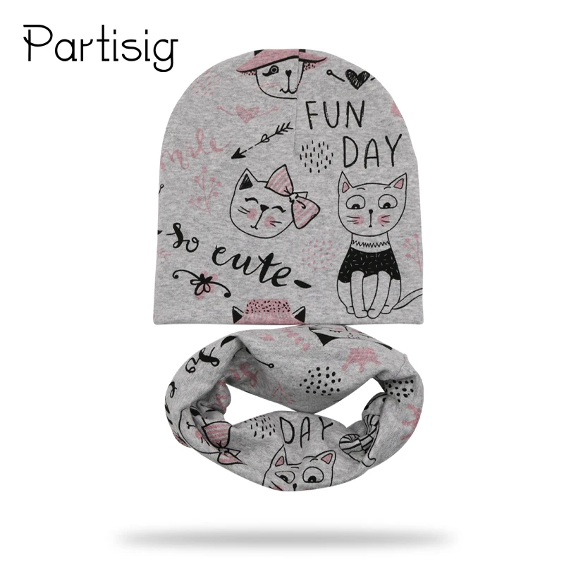 Cotton Printing Baby Hat Scarf Set Cartoon Animal Baby Cap Scarf Winter Kids Caps Bee Kitty Fox Children Hats For Boys And Girls