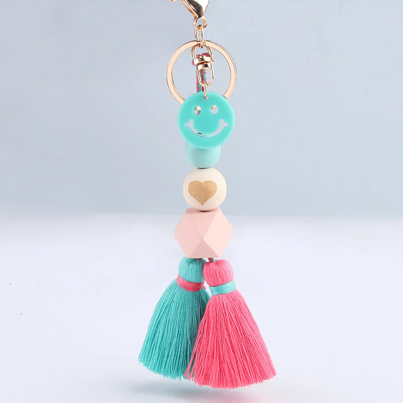 Colorful Wood Beads Tassel Keychain Smile Face Flower Rainbow Key Ring For Women Handmade Friendship Summer Jewerly Gifts