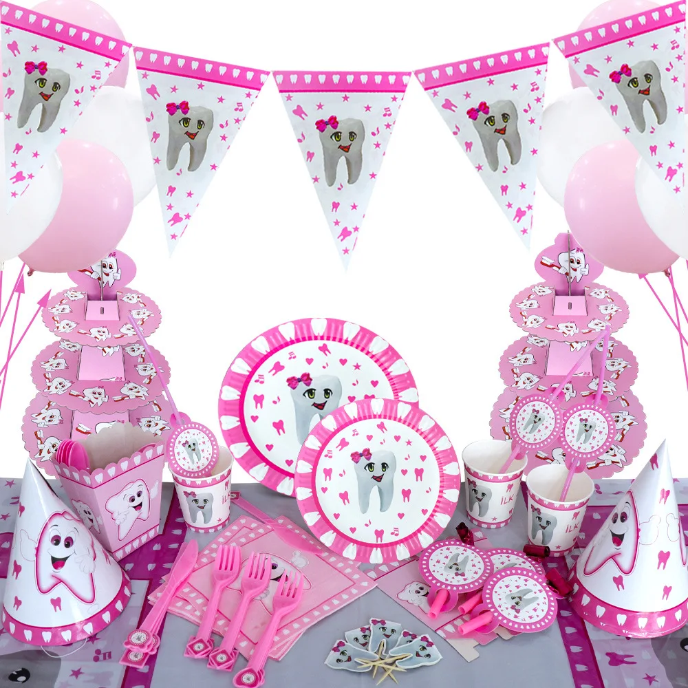 Pink Teeth Theme Disposable Tableware Girl's First Tooth Birthday Party Decorations Disposable Plates Napkins Cups Banners