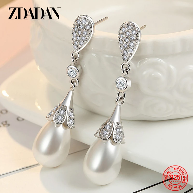 ZDADAN 925 Sterling Silver Pearl Zircon Long Dangle Earrings Dla kobiet Moda Biżuteria ślubna Prezent na imprezę