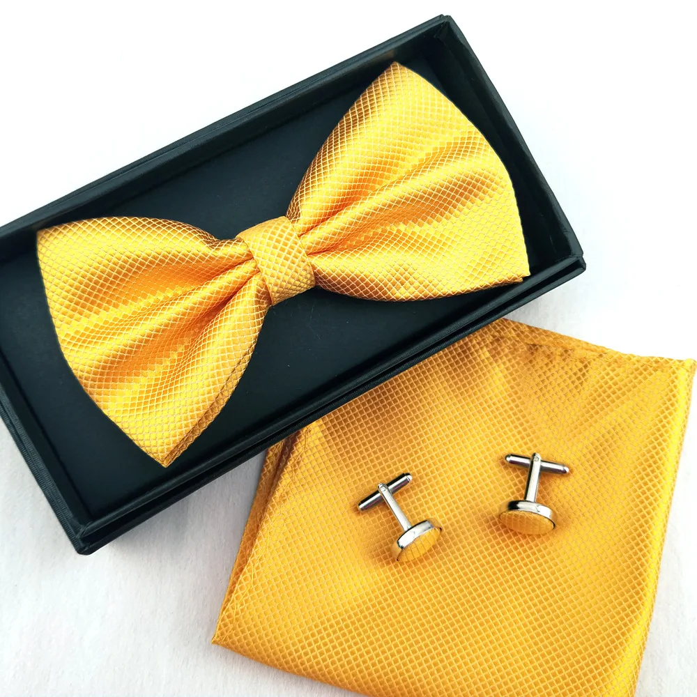 HUISHI Gold ชุดผูกโบว์ผีเสื้อ Tie สำหรับผู้ชาย Cufflinks Bowtie ชุดสีเขียวพ็อกเก็ตสแควร์ Cufflink ปลอกคอเสื้อผู้ชาย kerchief