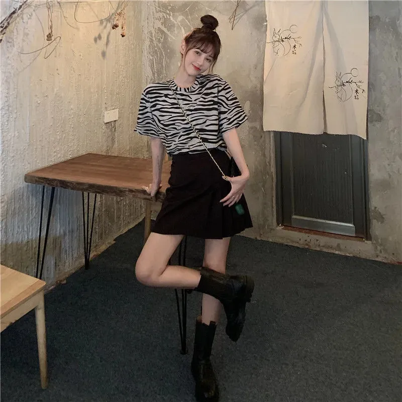 Women's Summer Fashion Zebra Print T-shirt Short Skirt Two-piece Suit New Style Ladies Sportswear High Waist Skirt Sports Suit