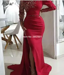 Arabic Red Formal Evening Dresses Long Sleeves Mermaid Evening Gowns Beading Elegant Prom Dresses Turkish Couture Robe De Soiree