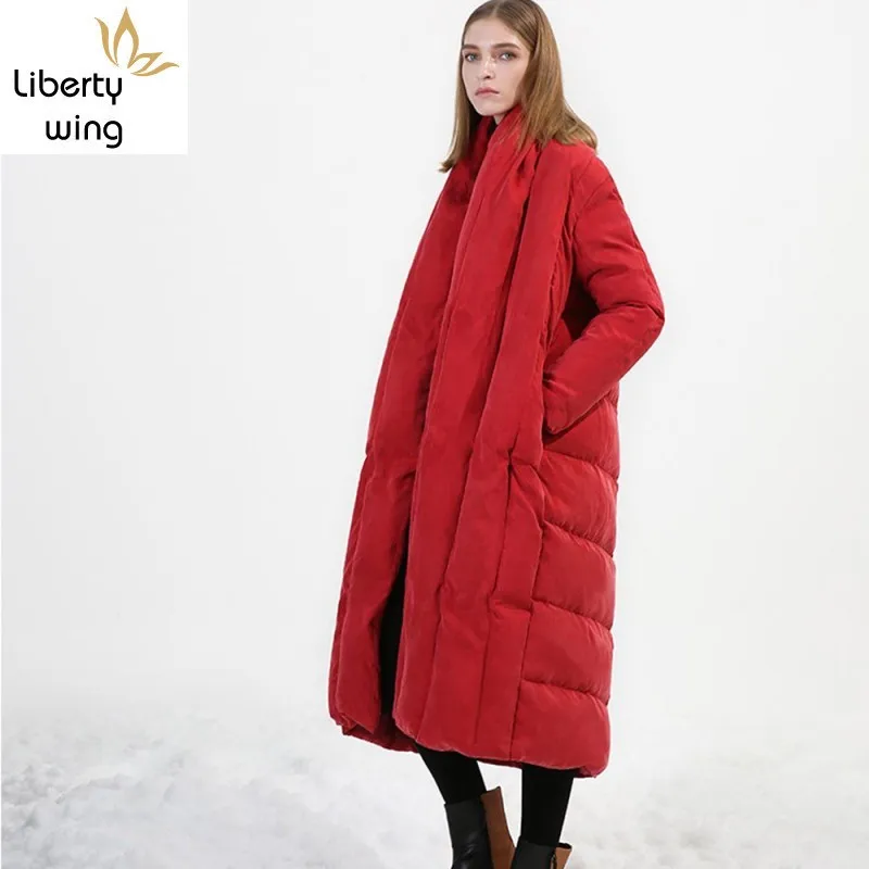 

New Loose Fit Thick Warm Womens Coat Cloak Puffer Solid Long Down Jacket Female Brand High Quality Ultra Light Outerwear