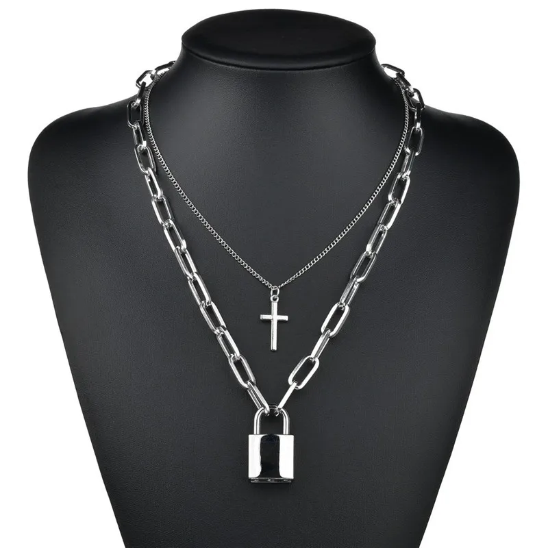 Fashion Padlock Key Cross Double layer Lock Chain necklace on neck Punk Link Chain Pendant Necklace Women Gothic Jewelry