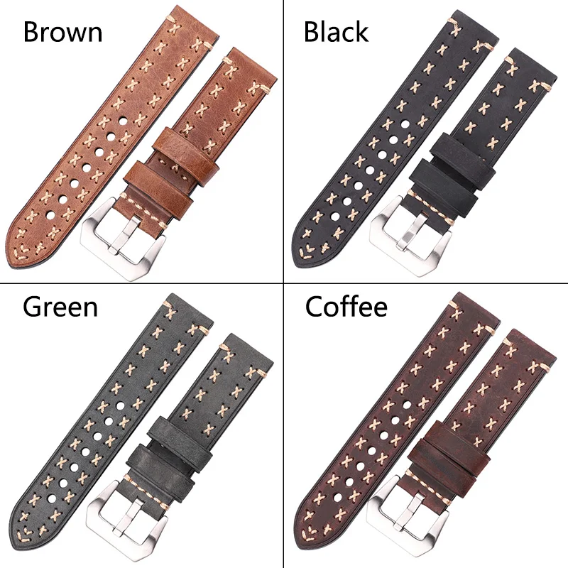 22mm 24mm Watchbands Men Lady 4 Colors Watch Band Genuine Leather Thick Watch Strap Belt Stainless Steel Buckle Accessories