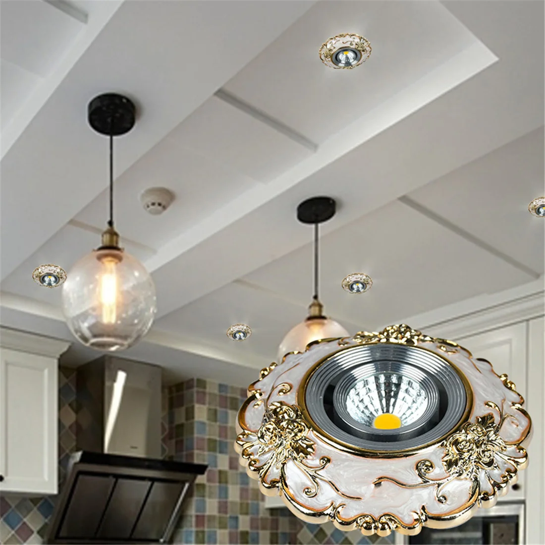 Art Deco Resin Golden Flower Pattern Cob Led Downlight 3W 5W 7W Indoor Home Living Room Aisle Recessed Spot Lamp 8Cm Hole 220V