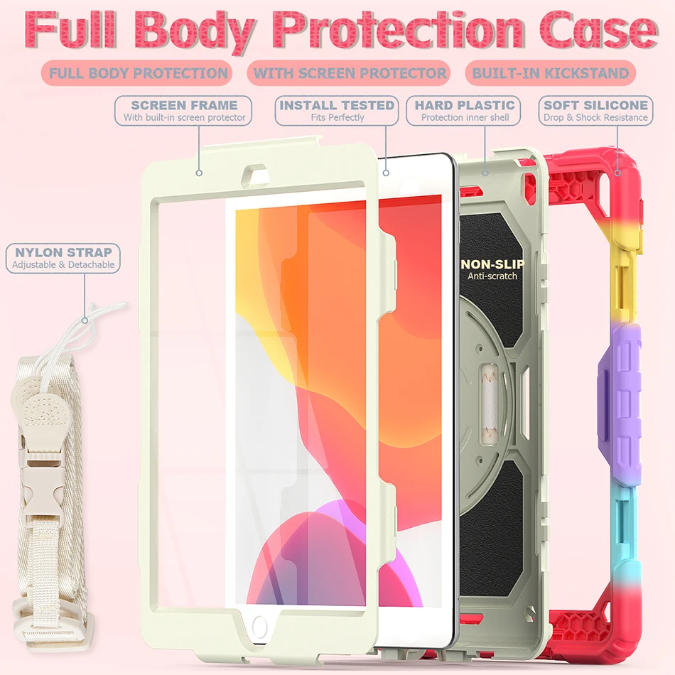 Heavy Duty Silicone Case with Shoulder Strap Pencil Holder for iPad 10.2 Shockproof Cover 2020 2019 2021 +Screen Protector