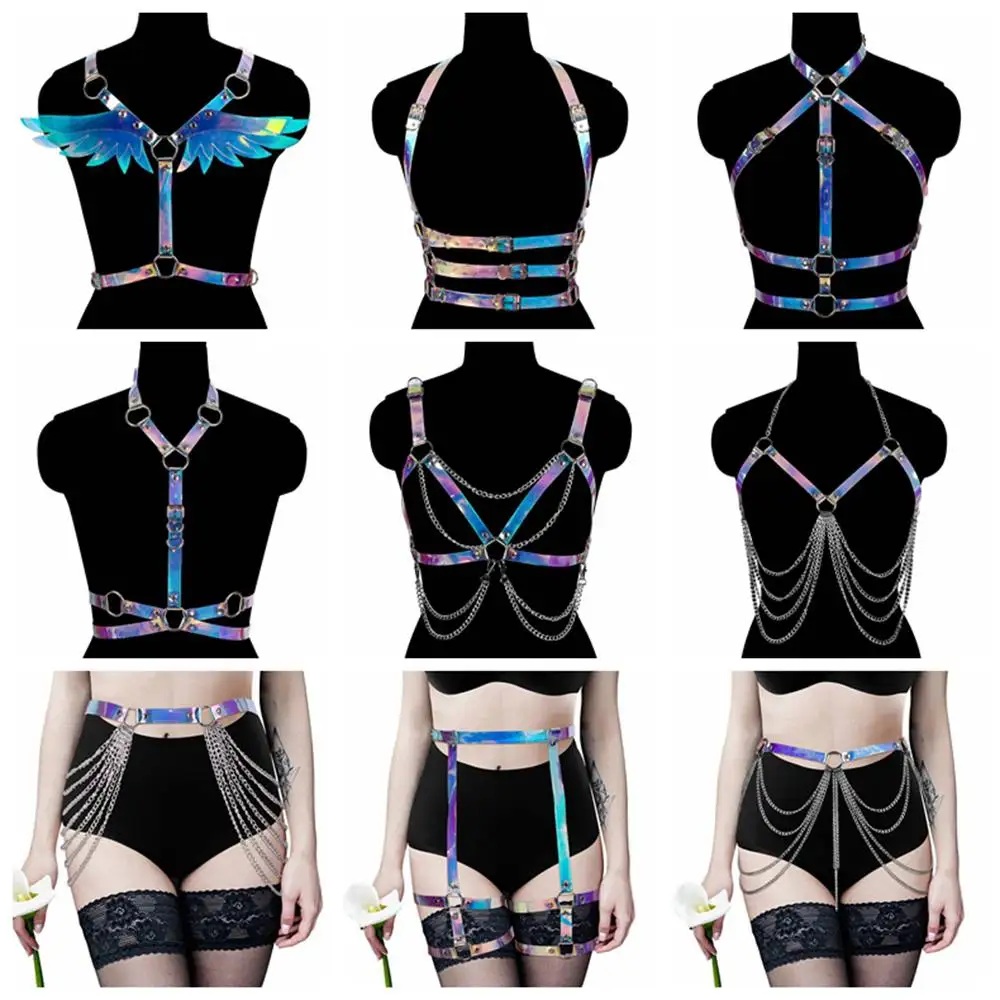 Laser Colorful Harajuku Lingerie Goth Accessories Harness For Women PU Leather Cage Bra Punk Erotic Stockings Adjust Size Wear