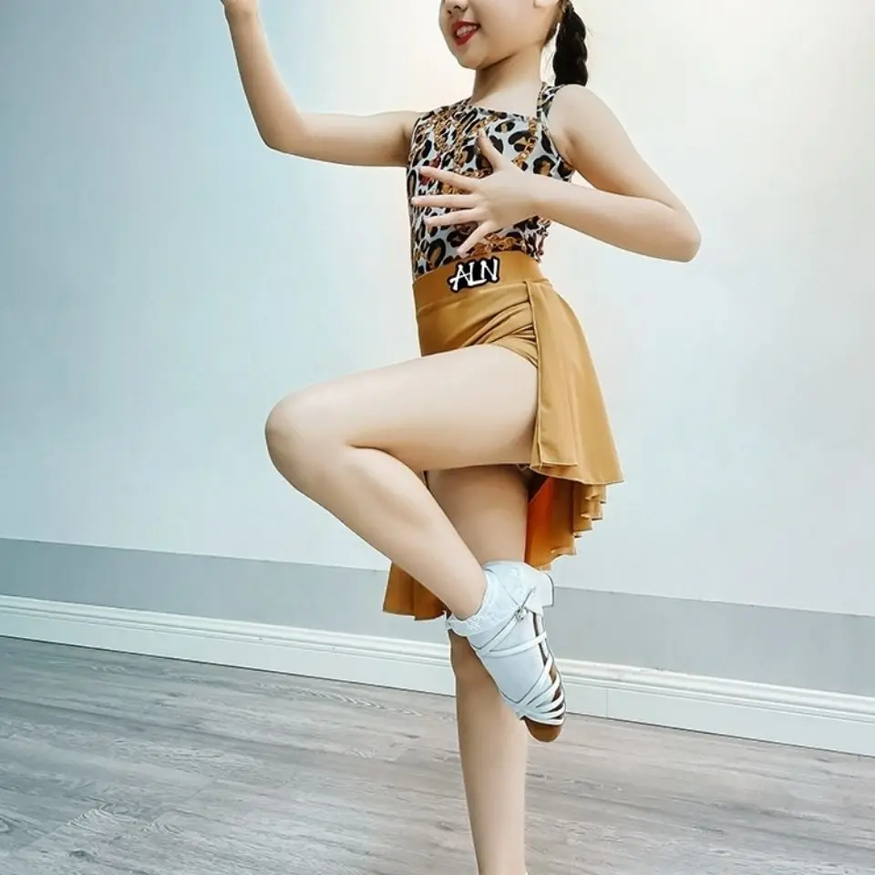 Neue Professional Latin Dance kleid Praxis Kleidung Weibliche Kinder Dance Performance Rock Ärmel Leopard Split Anzug Sommer