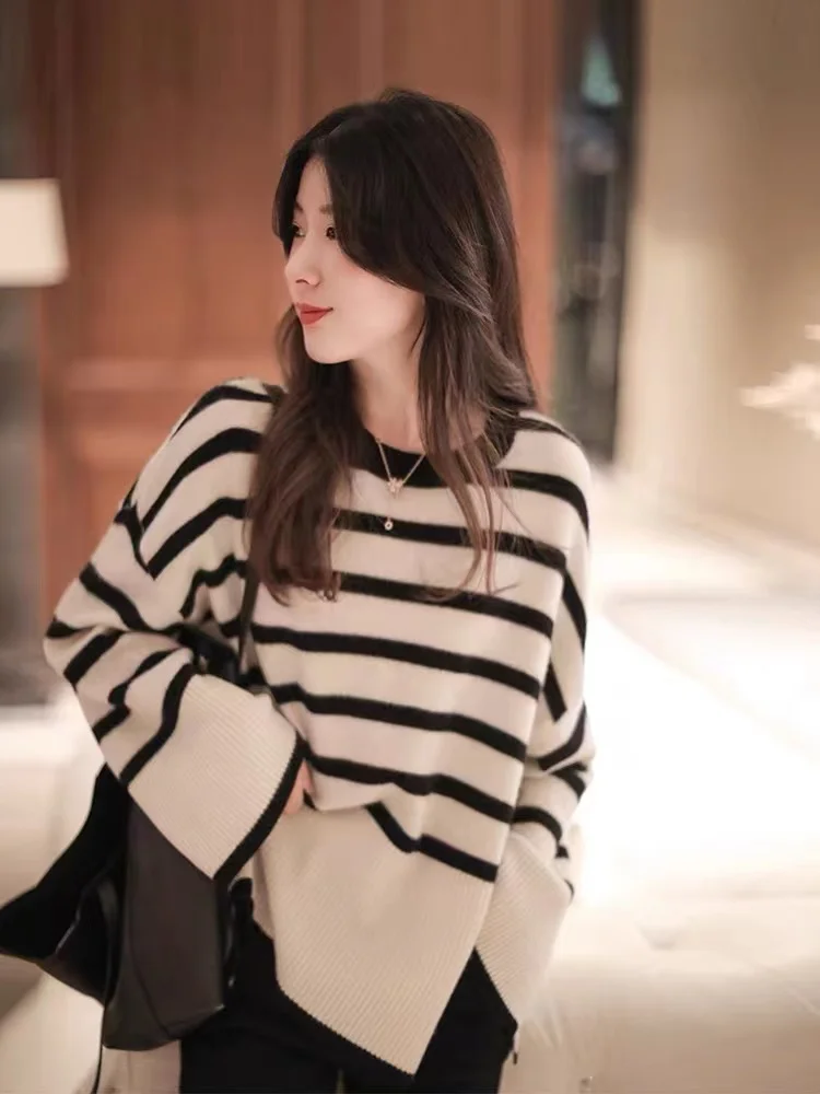 2021 new striped cashmere sweater woman autumn/winter knit sweater loose sweater coat warm long sleeve pullover woman