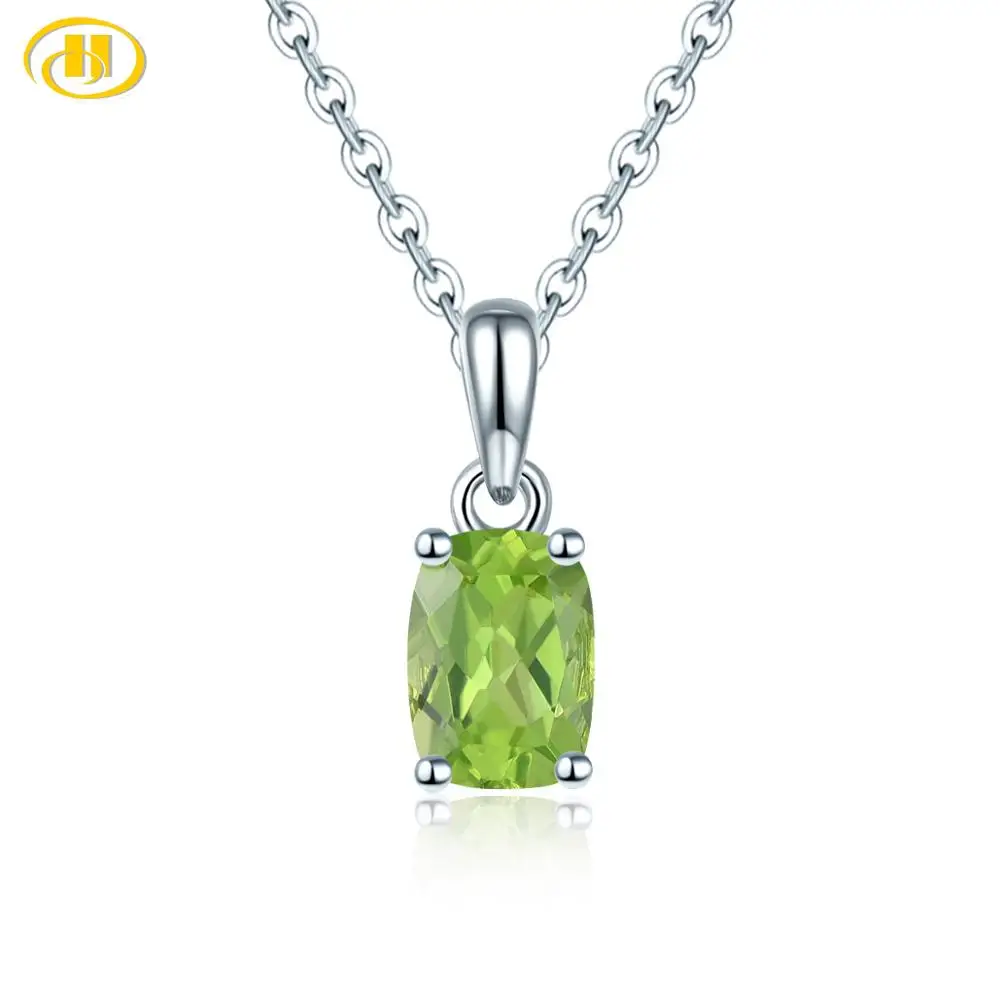 Hutang 925 Silver Pendant Genuine Cushion Shape Gemstone Peridot Solid 925 Sterling Silver Chain Fine Simple Jewelry for Women