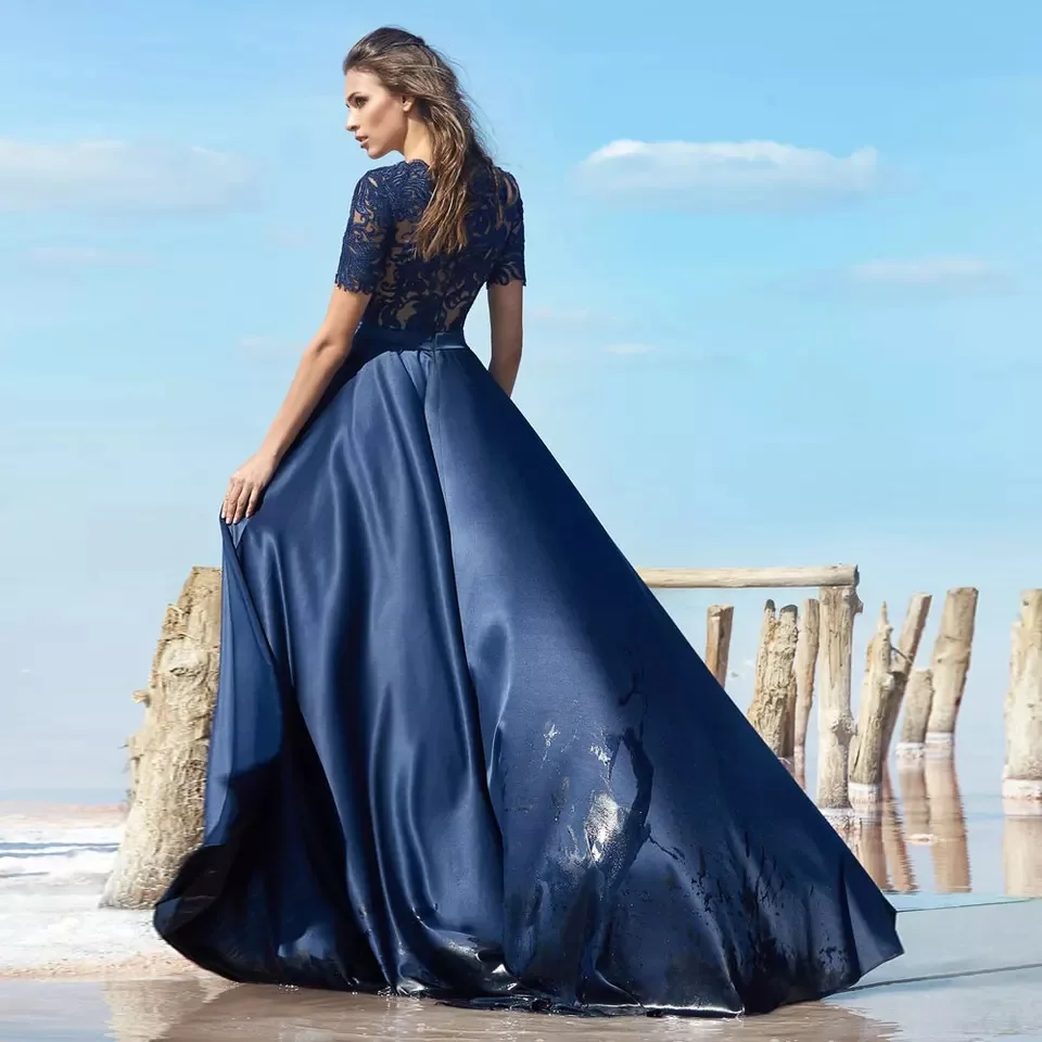 Navy Blau A-Line Abendkleider 2021 Oansatz Kurzarm Spitze Appliques Zipper Elegante Party Abendkleid Bodenlangen Satin