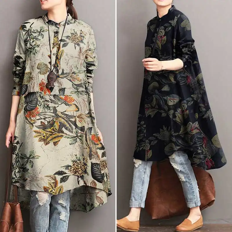 2023 ZANZEA Autumn Women\'s Floral Blouses Elegant Shirt Vestidos Casual Long Sleeve Long Tops Female Printed Tunic