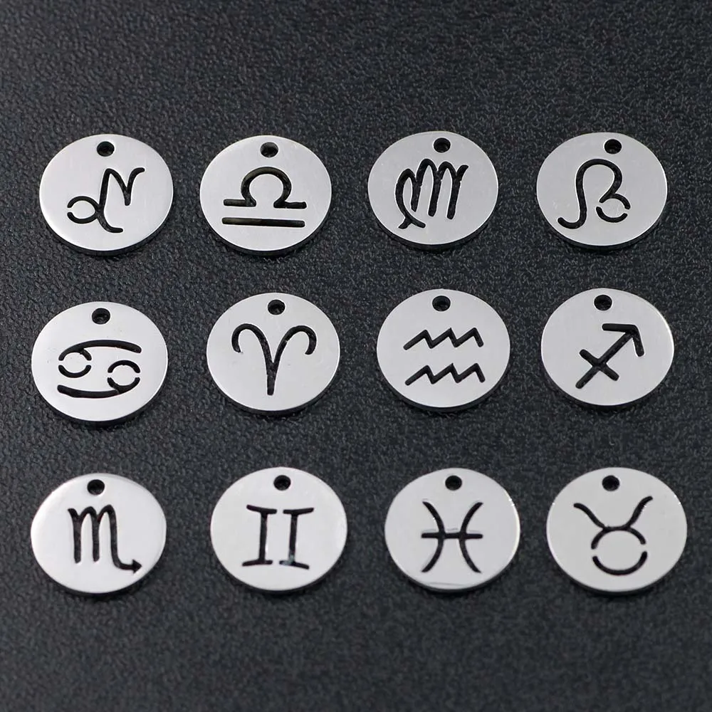 12pcs/lot Stainless Steel 12mm Round All Twelve Signs Zodiac Charms DIY for Making Jewelry Different Signs