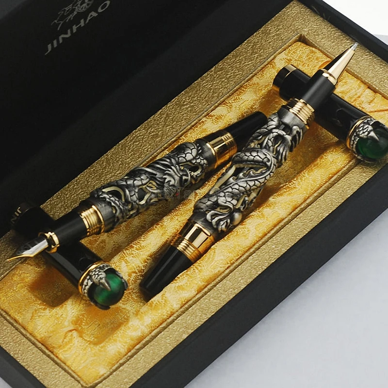 Jinhao Classic Dragon King Vintage Fountain Pen & Rolllerball Pen Green Jewelry Metal Embossing Grey Color With Gift Box