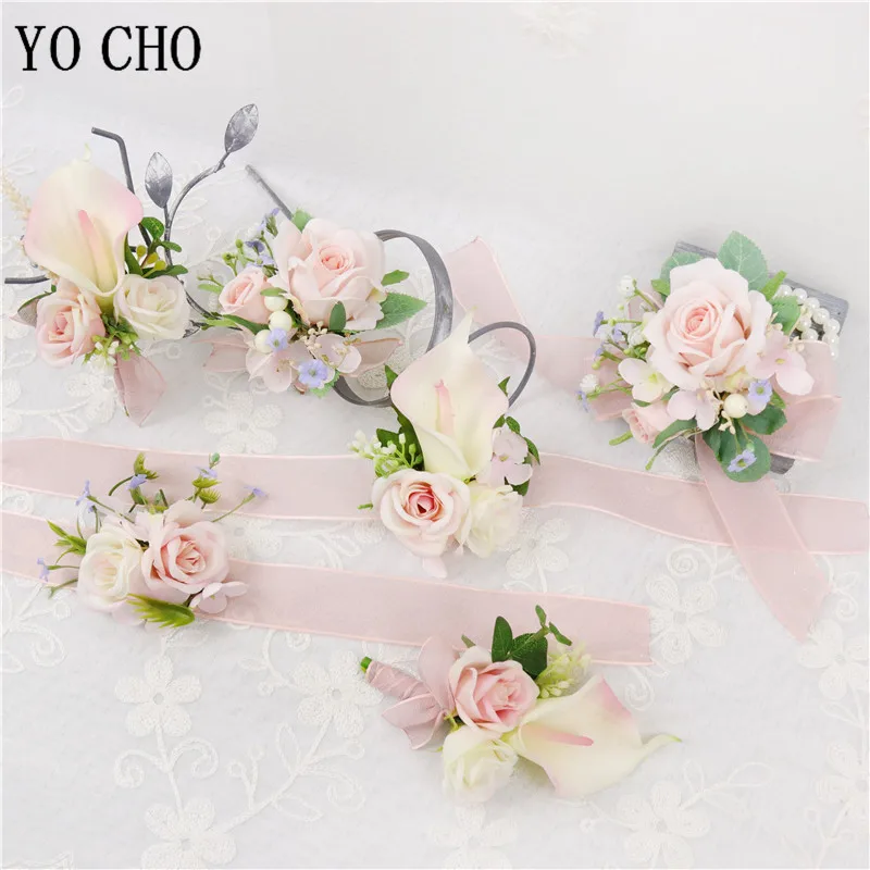 YO CHO Boutonniere Bridal Wrist Corsage Wedding Silk Rose Calla Lily Flower Pink Girl Newest Design Handmade Wedding Boutonniere