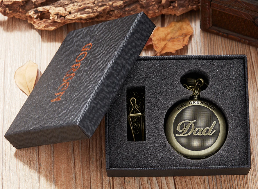 Fathers Day Gifts " TO MY GREAST DAD " Pocket Watch Best Idea for Daddy Father Antique Quartz Fob Chain Clock with Gift BOX Set