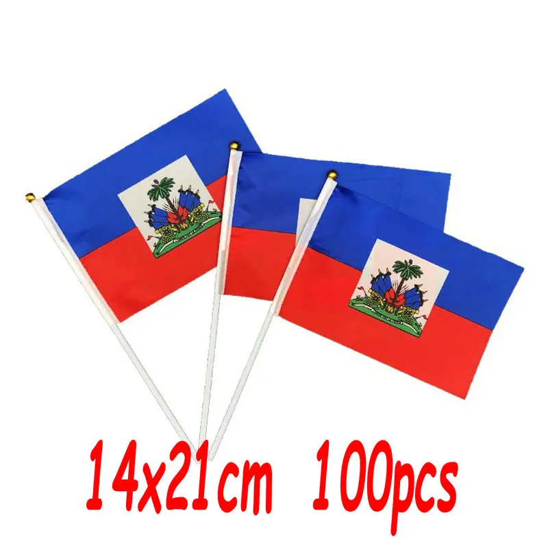 ZXZ 100pcs Haiti hand waving Flag 14*21cm Polyester Double Side Printing HT Haiti Hand Flag with plastic flagpole