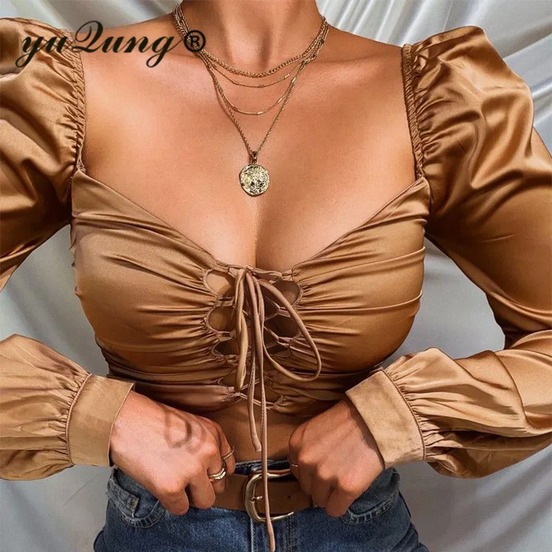 Vintage Women Lace Up Shiny Silk Satin Short Blouses Shirt Puff Long Sleeve Square Neck Crop Tops Brown Streetwear YuQung